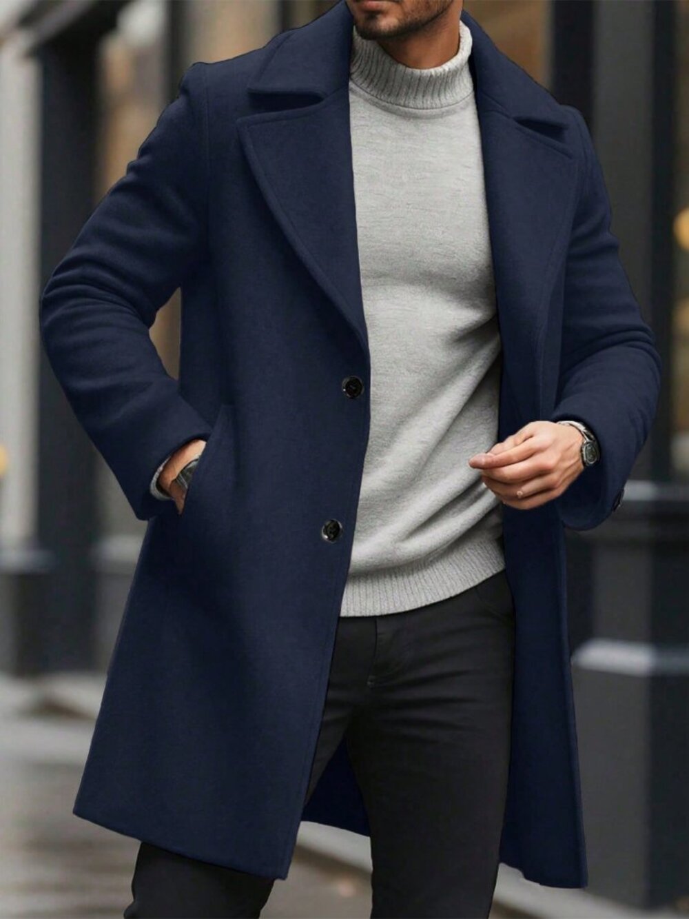 Navy Blue Button Front Regular Fit Men's Lapel Long Sleeve Overcoat